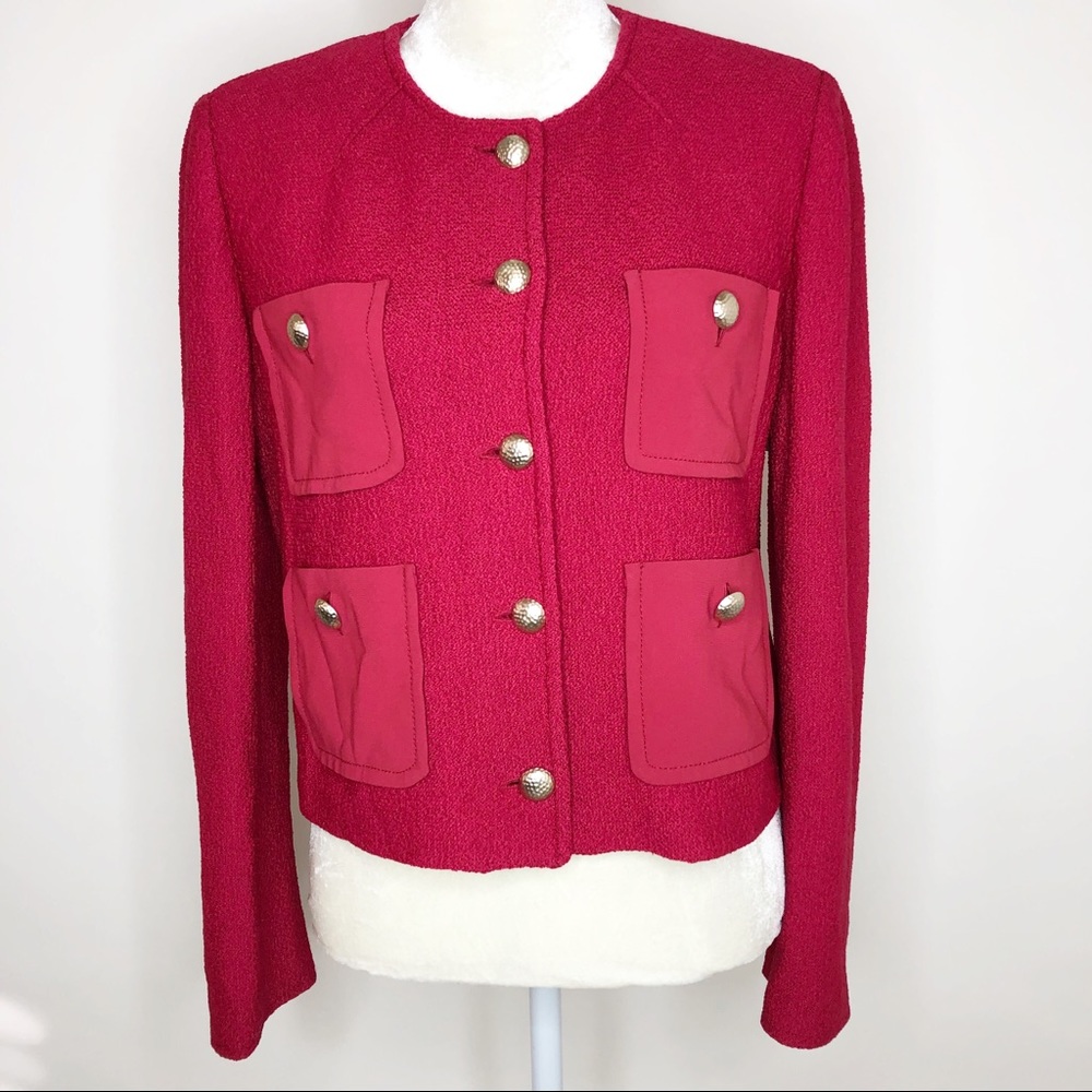 ST. JOHN Red Knit Cropped Wool Blazer